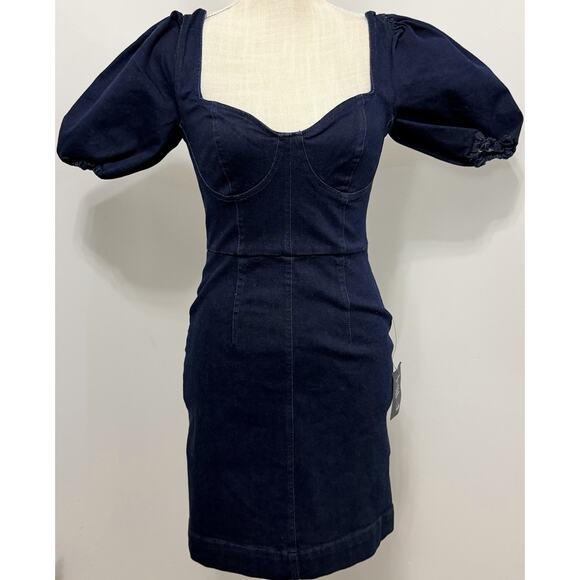 Lulus Dresses & Skirts - NEW Lulus Trendsetting Babe Dark Wash Denim Puff Sleeve Bustier Mini Dress S
